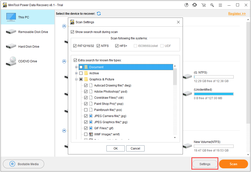 use Configurações para escolher os tipos de arquivo que você deseja recuperar