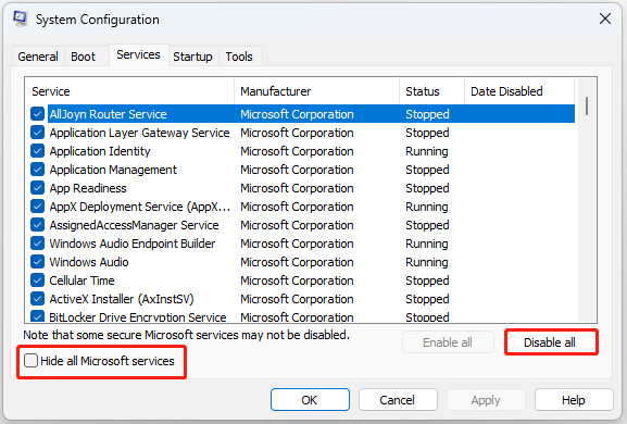 klik Sembunyikan semua layanan Microsoft