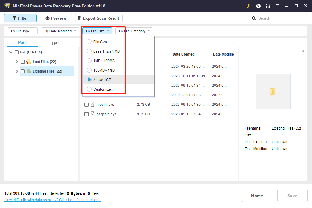 memfilter file berdasarkan ukuran