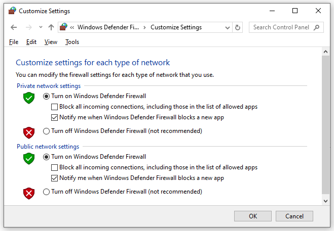 Nyalakan Firewall Pembela Windows