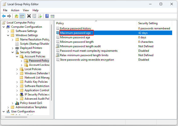 click Maximum password age