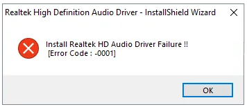 Instal kode kesalahan kegagalan driver audio Realtek HD 0001