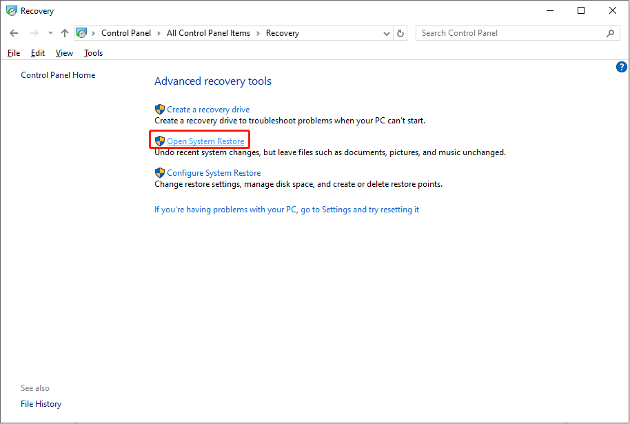 choose Open System Restore