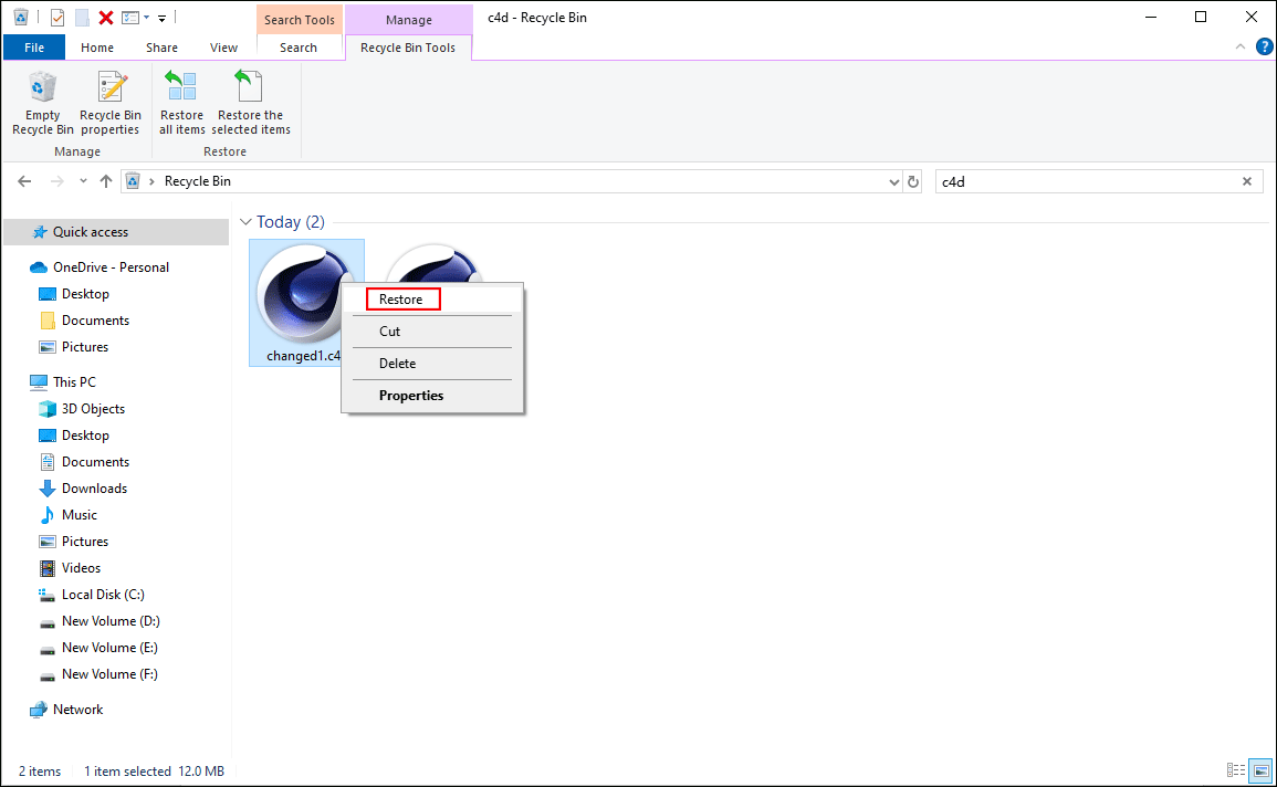 memulihkan file C4D dari Recycle Bin
