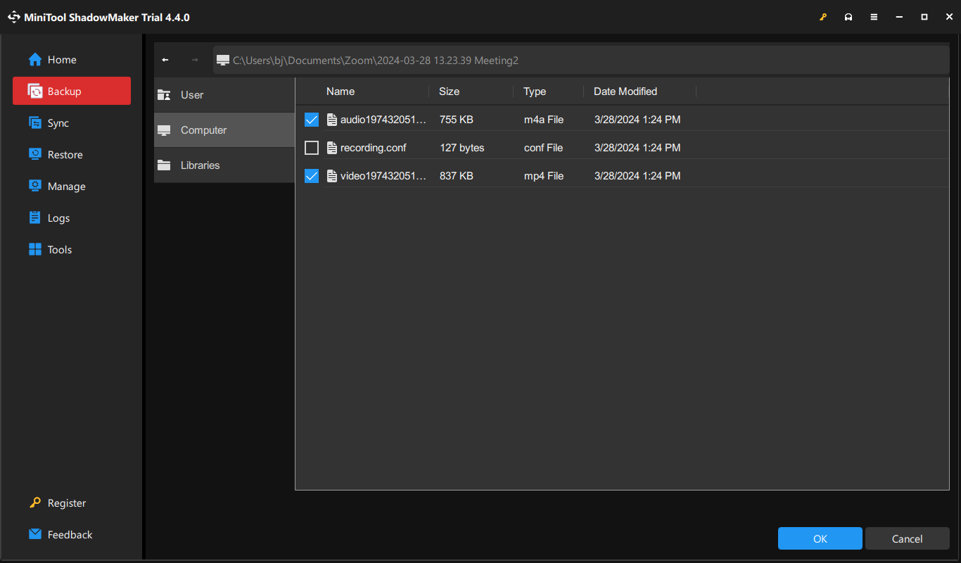 choose files to backup