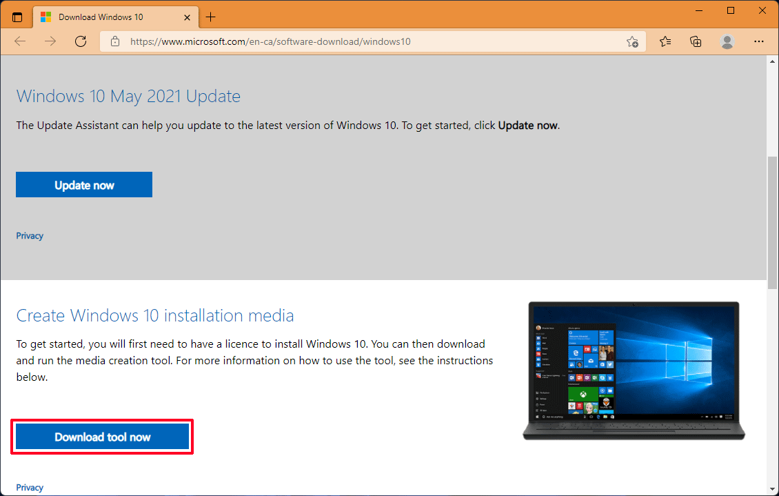 descargar la herramienta de creación de medios de Windows 10