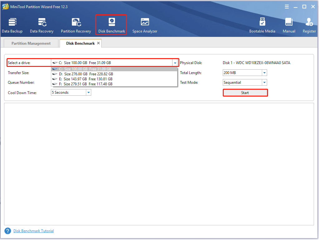 selecione uma unidade para avaliar no MiniTool