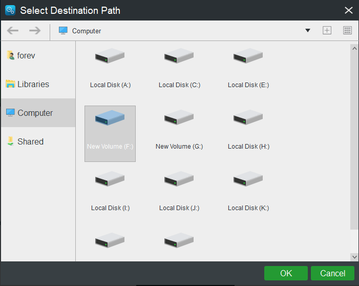 escolha o destino do backup