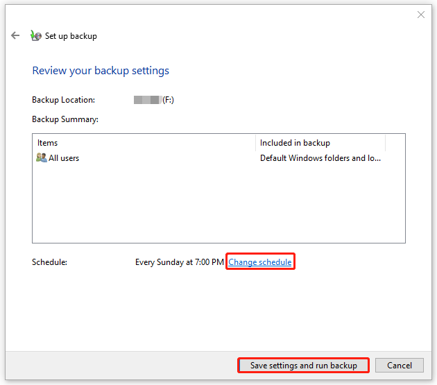 click Save settings and run backup