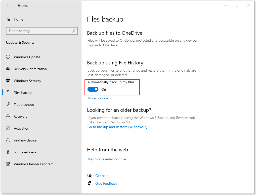 turn on the option of Automatically back up my files