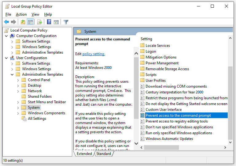 tekan Cegah akses ke command prompt