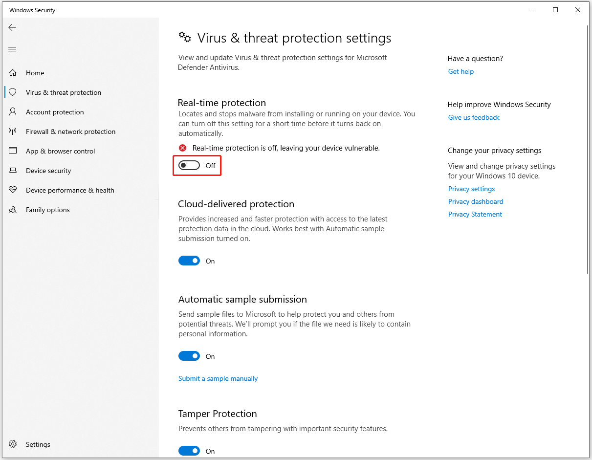 turn off the option of Real-time protection