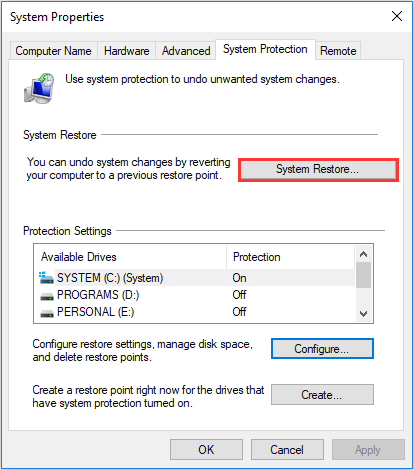 fare clic su Ripristino del sistema