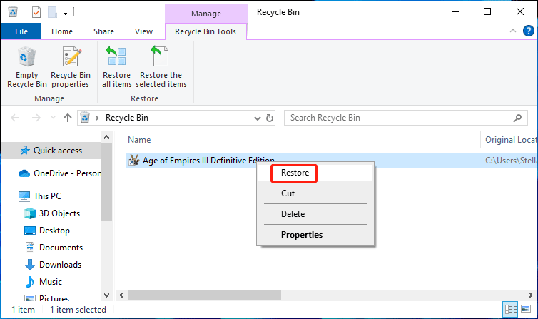 memulihkan pintasan yang dihapus dari Recycle Bin