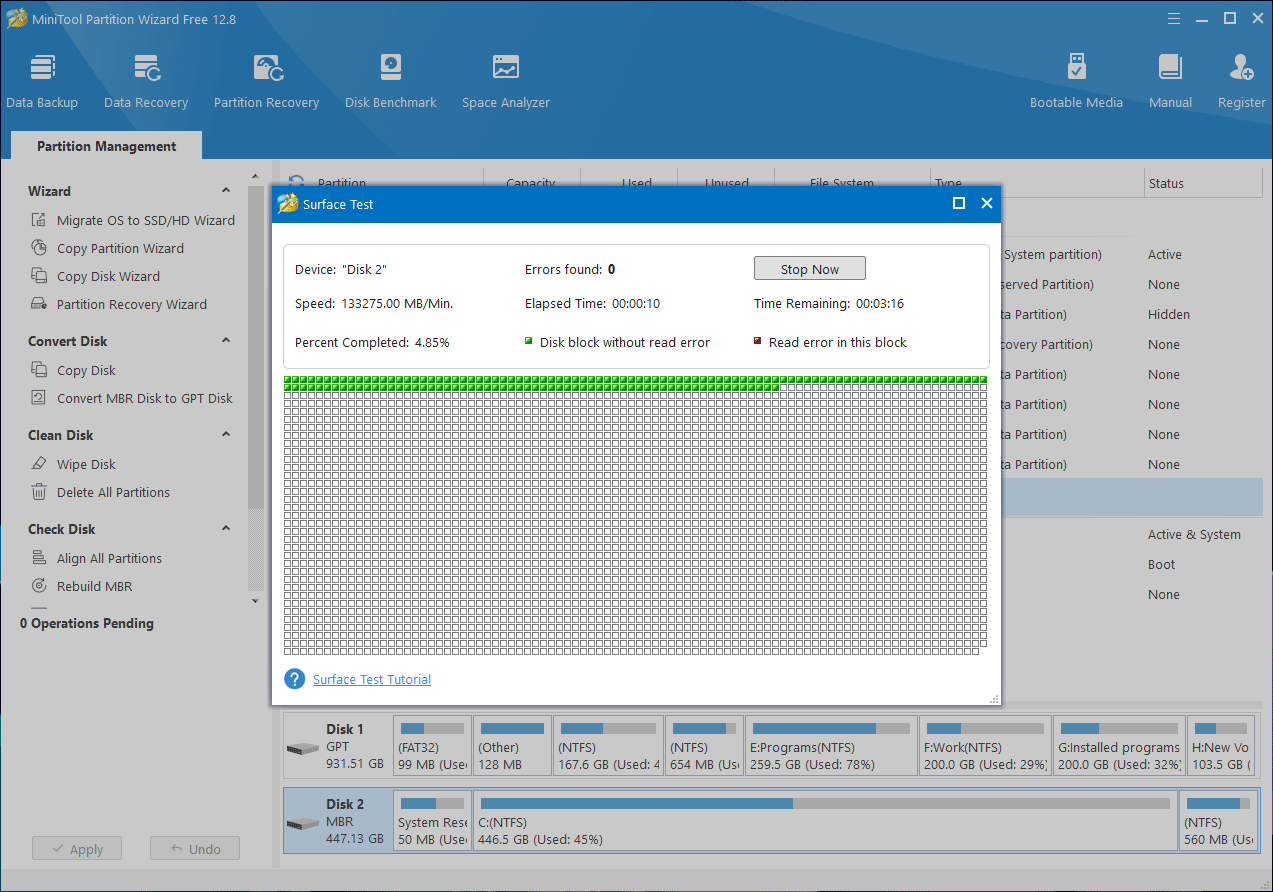 Uji permukaan di Partition Wizard MiniTool