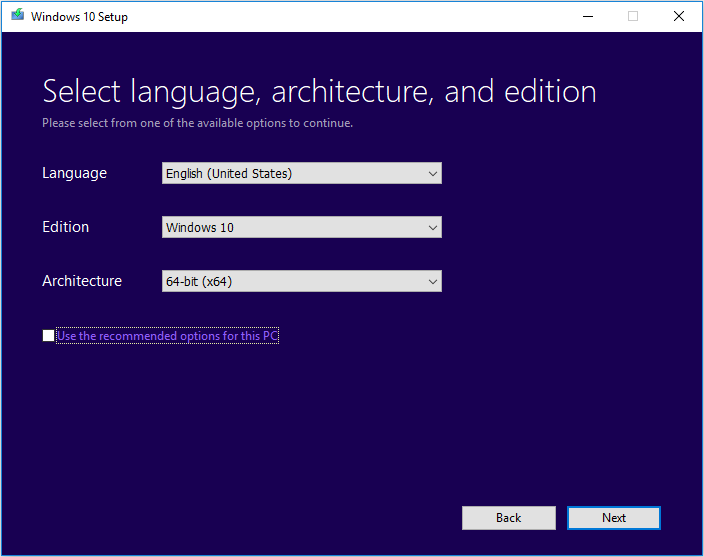 scegliere la lingua, l'edizione e l'architettura per l'installazione di Windows 10