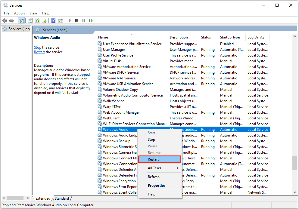 memulai ulang layanan Windows Audio