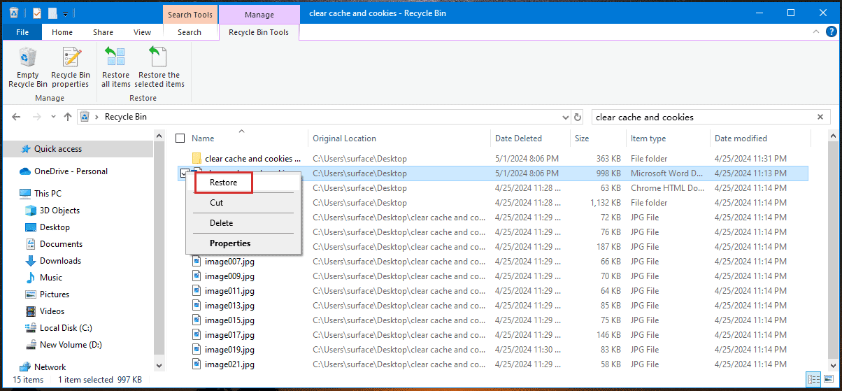 click Restore in Recycle Bin