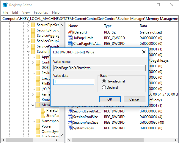 modificare il valore ClearPageFileAtShutDown su 1