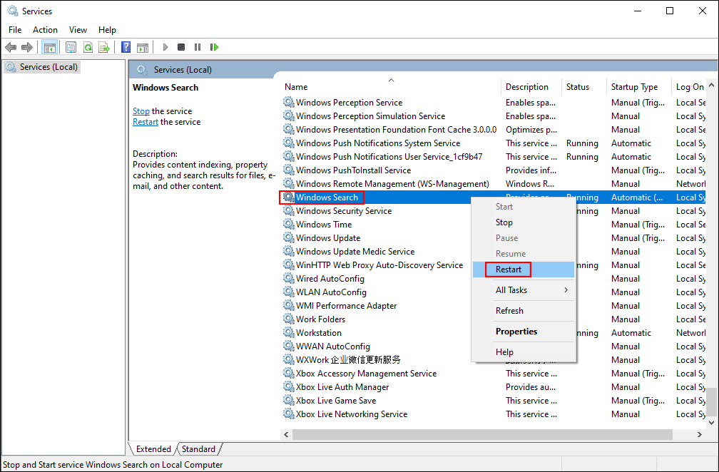 memulai ulang layanan Pencarian Windows