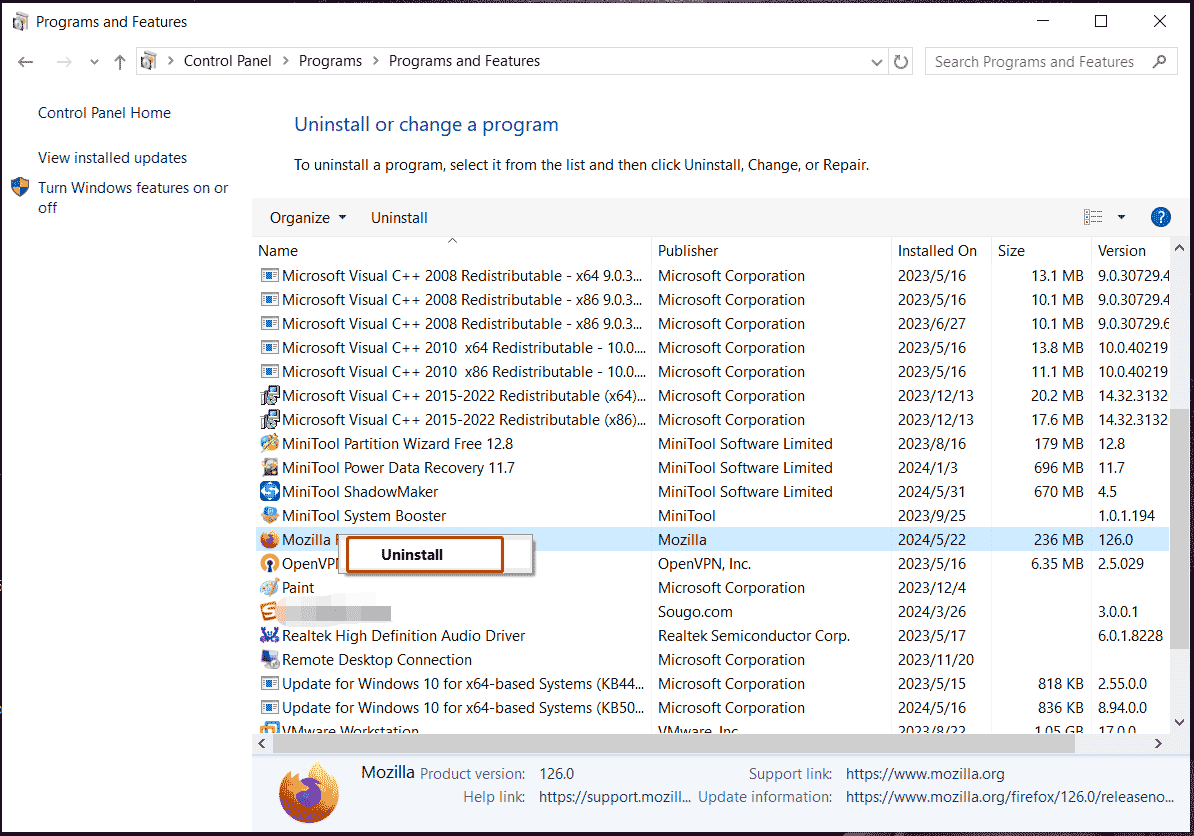 uninstall programs in Control Panel