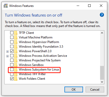 hapus centang Subsistem Windows untuk Linux
