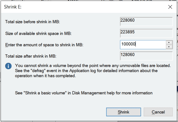 shrink volume to create a partition