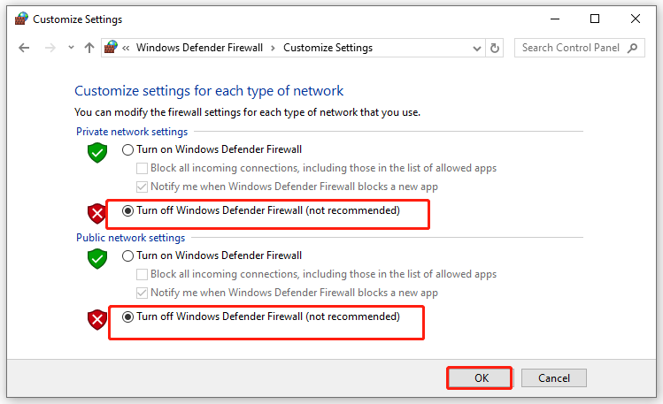 Matikan Windows Defender Firewall (tidak disarankan)