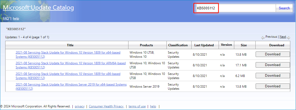 Unduh KB5005112 dari Katalog Pembaruan Microsoft