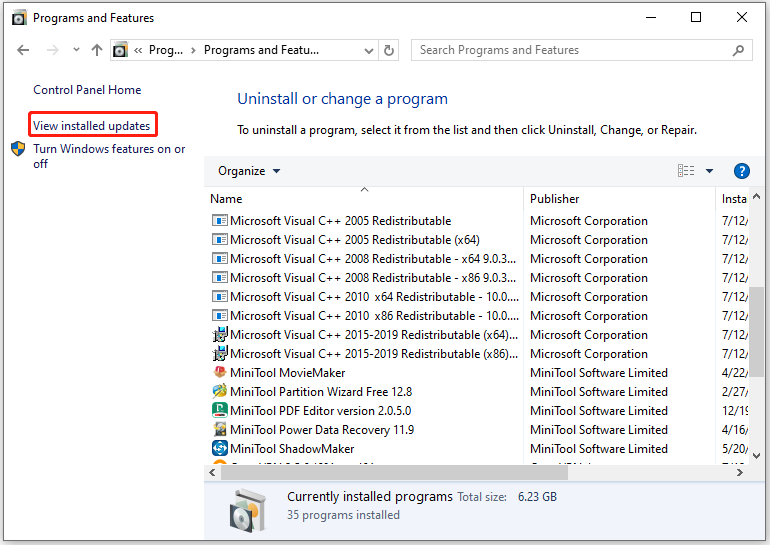 click View installed updates