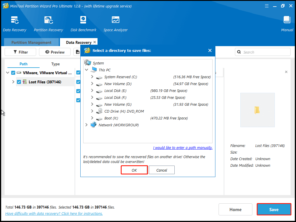 save the recovered files to a safe location