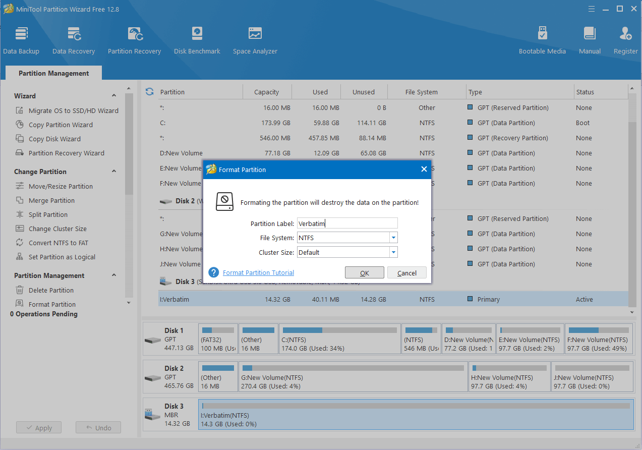 format the Verbatim SD card with MiniTool Partition Wizard