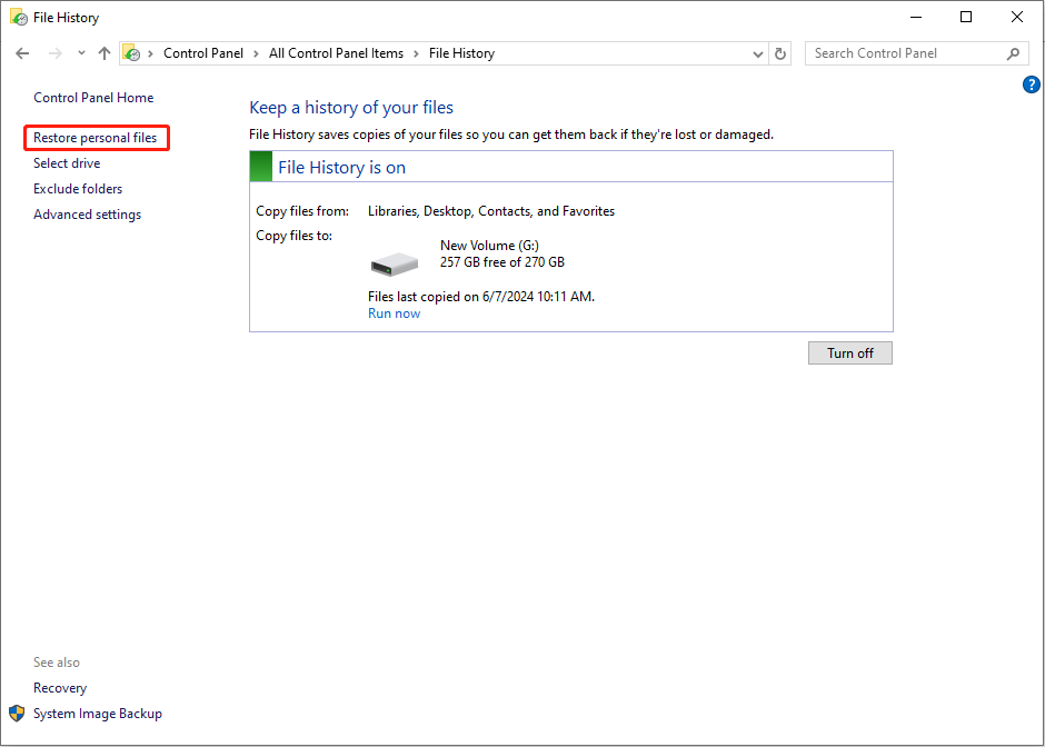 choose Restore personal files