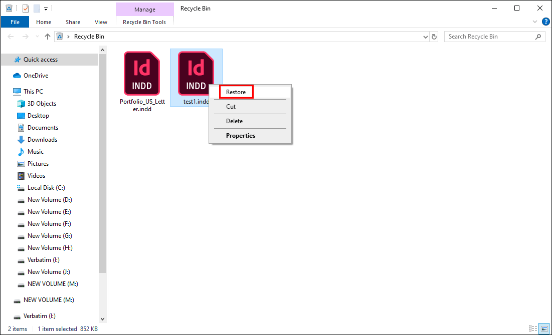 restore InDesign files from the Recycle Bin