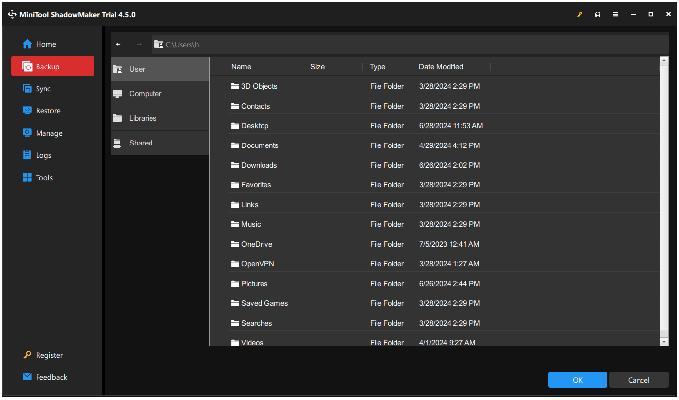 choose the backup destination