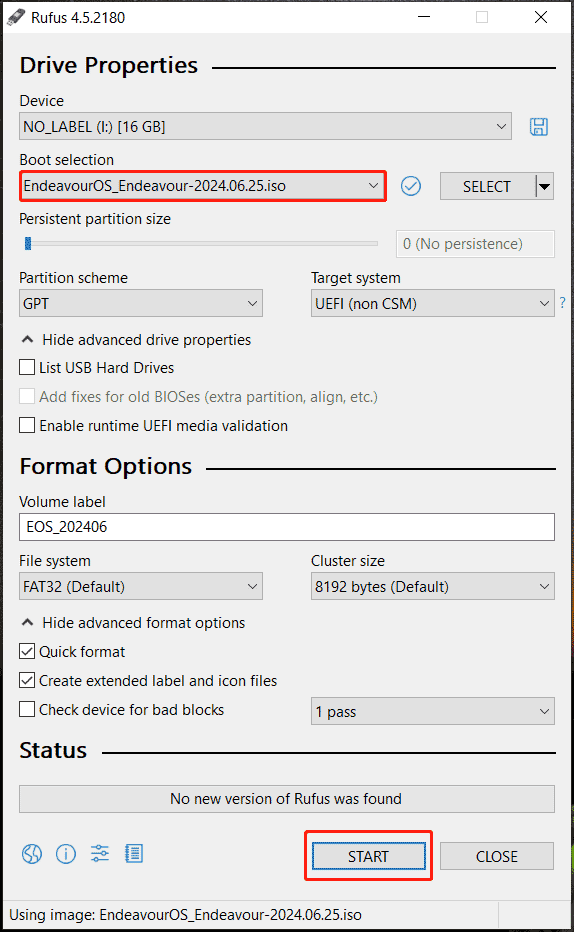 Bakar ISO EndeavourOS ke USB