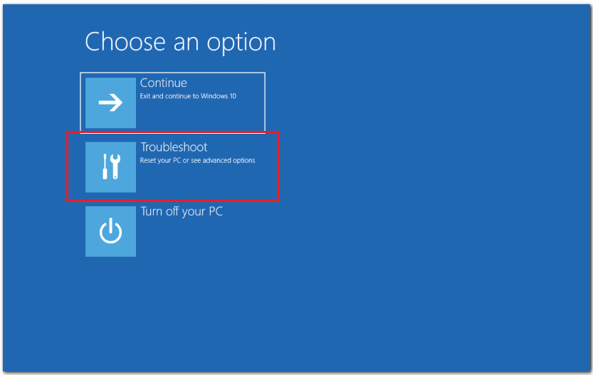 select troubleshoot in windows recovery environment