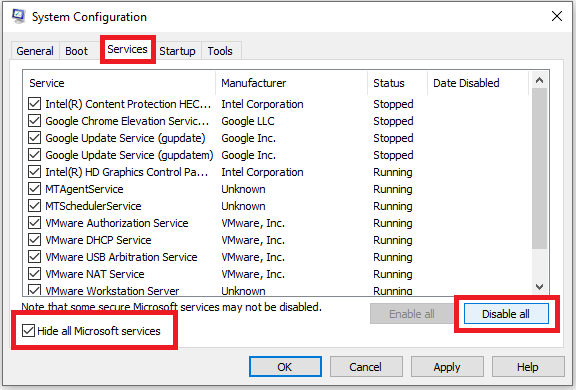 settings under the services tab