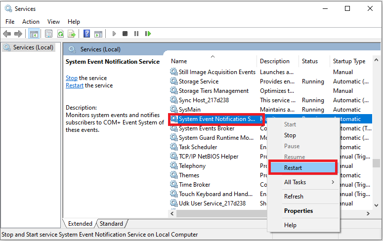 restart system event notification service