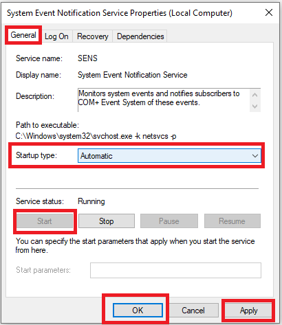 settings in the system event notification service properties