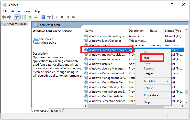 stop Windows font cache service