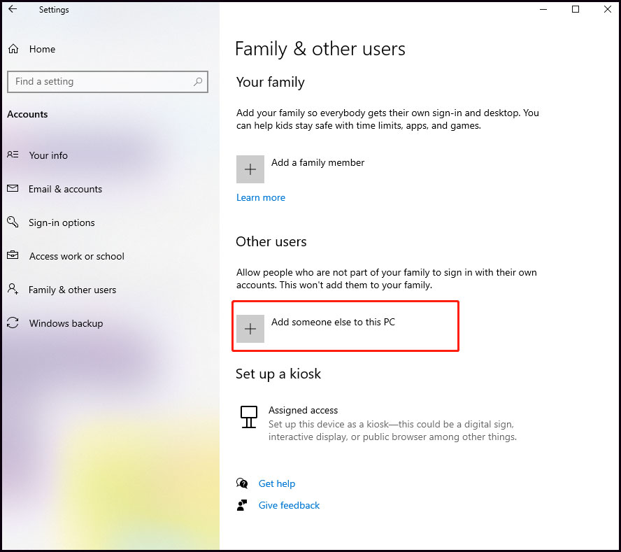 click Add someone else to this PC