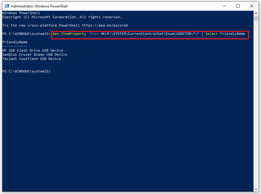 periksa riwayat USB melalui Windows PowerShell