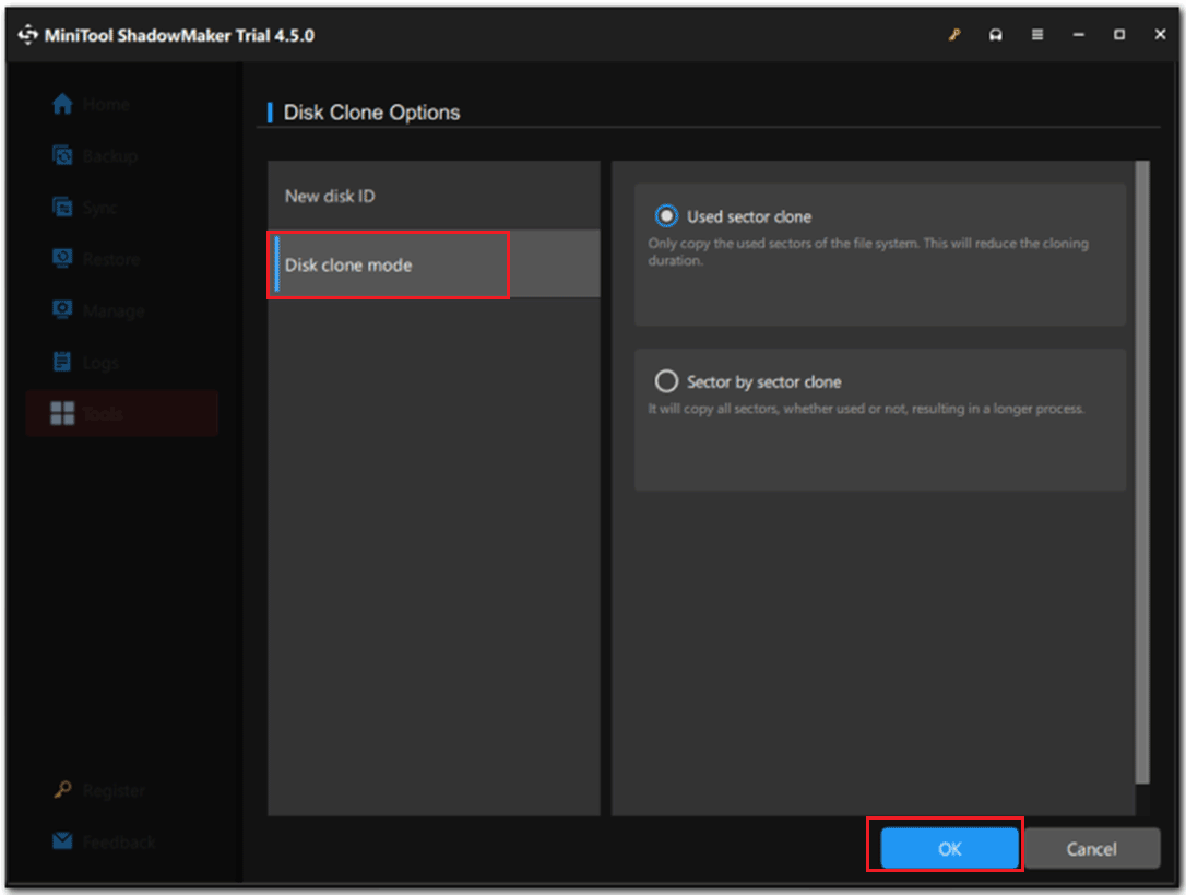 select Disk clone mode