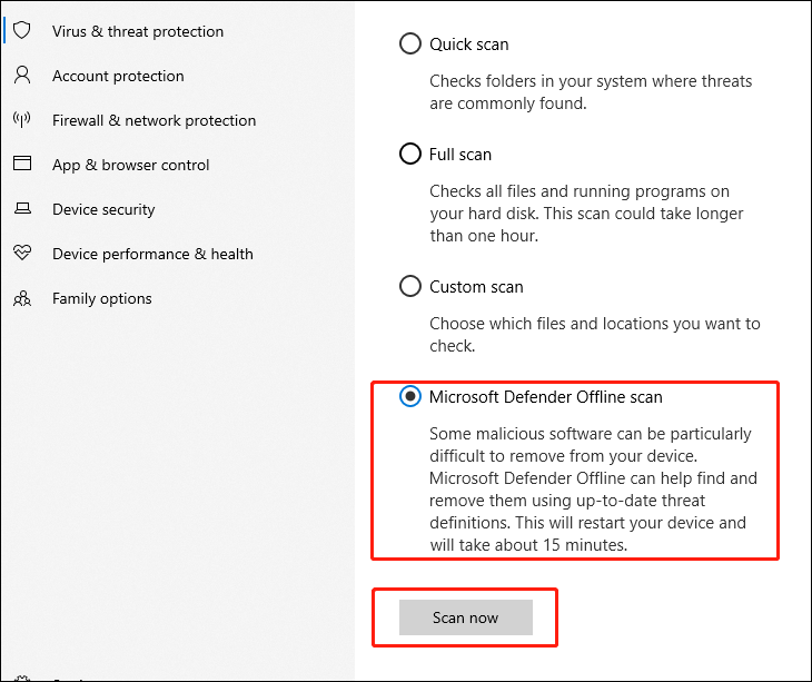 pilih Pemindaian Microsoft Defender Offline dan klik Pindai sekarang