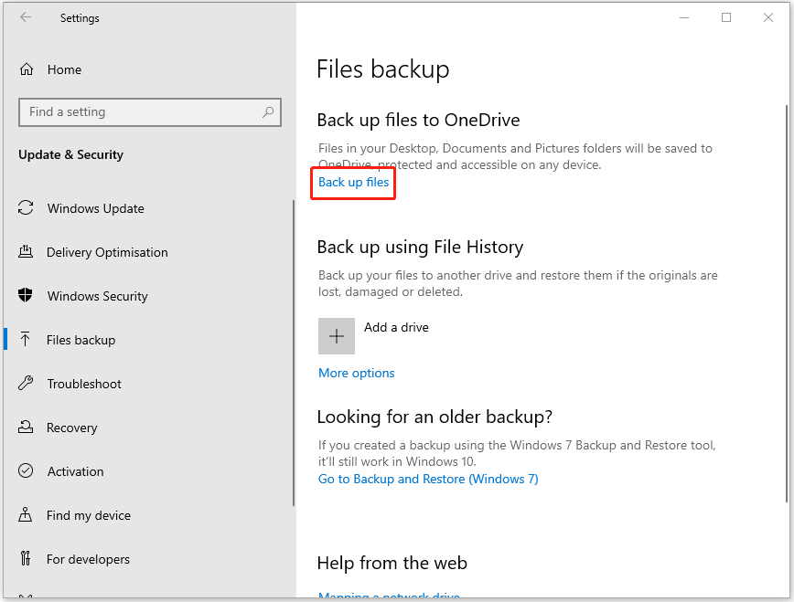 click Back up files in Settings