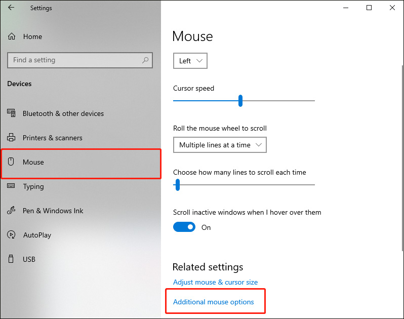 click Additional mouse options in the Mouse tab