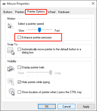 uncheck the Enhance pointer precision option