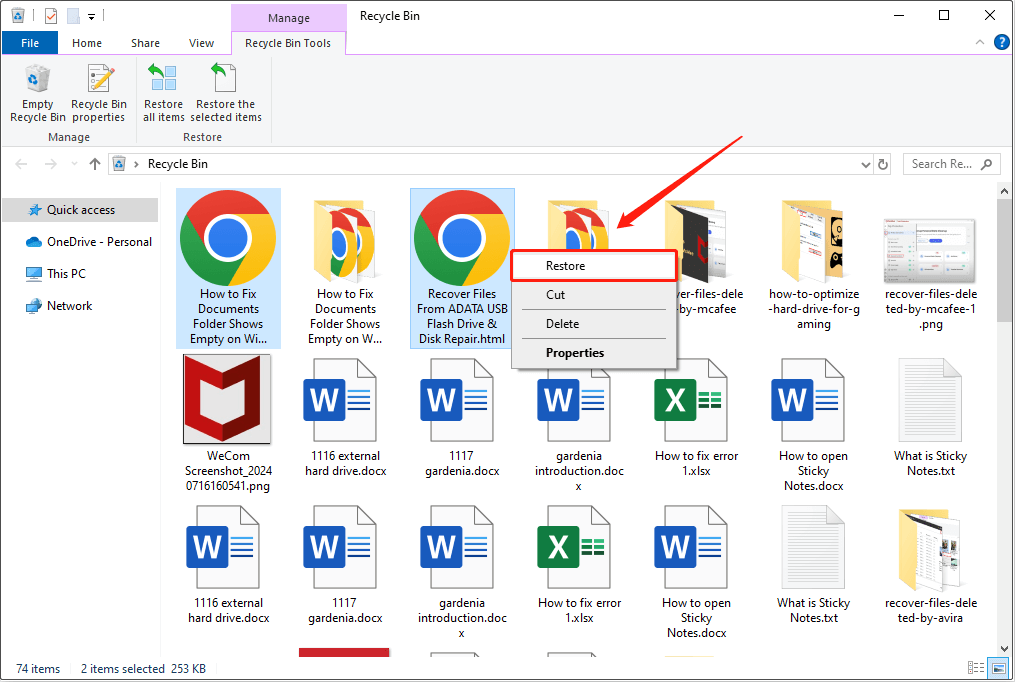 restore the HTML files from the Recycle Bin