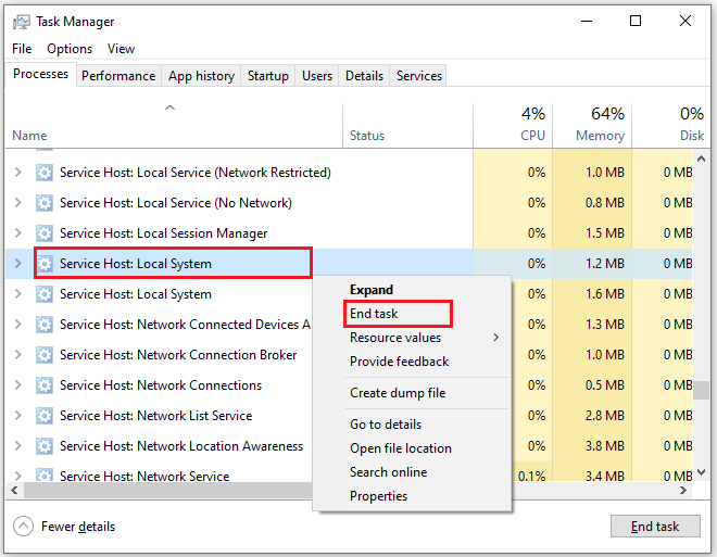 end service host local system task